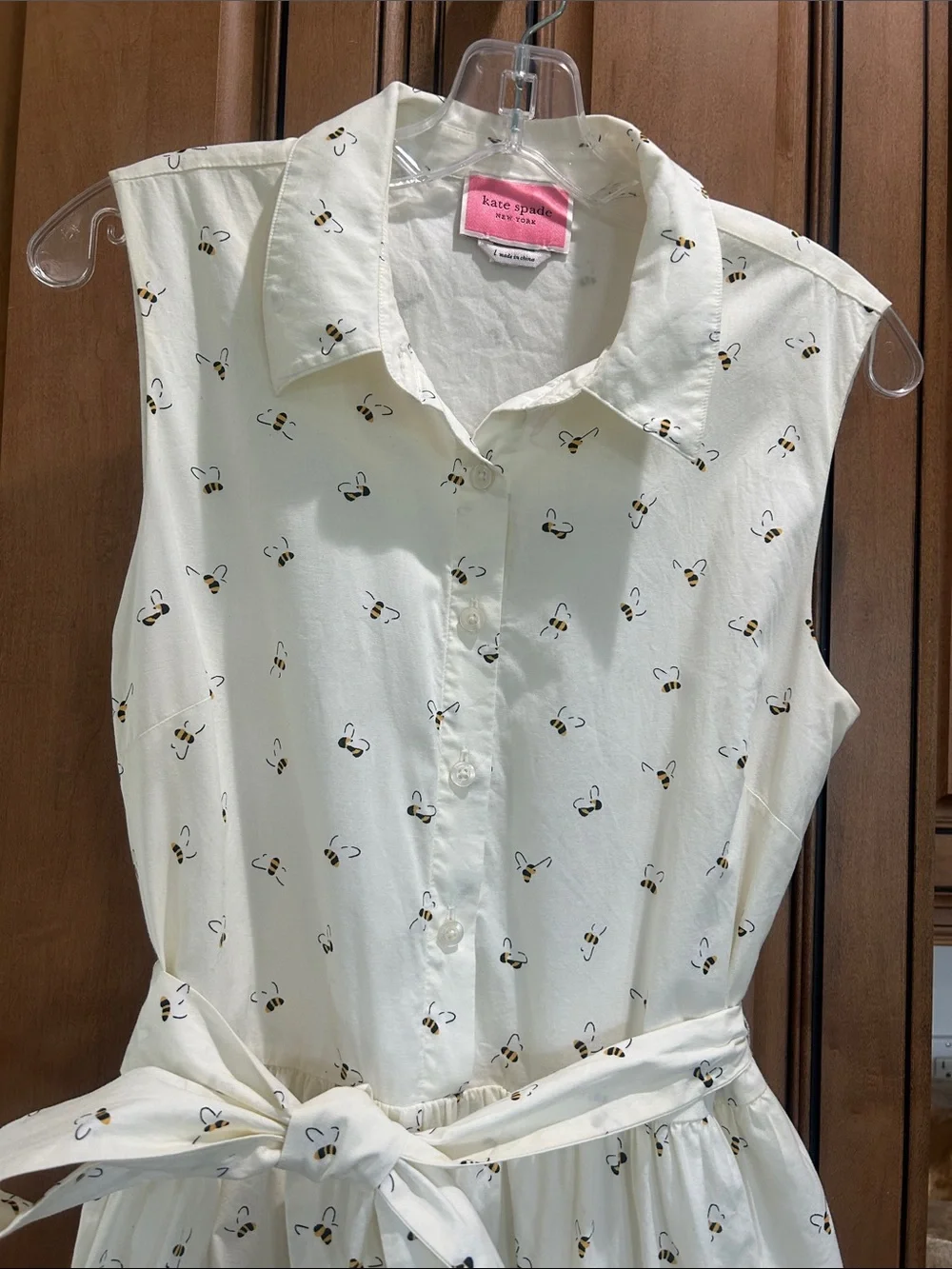 kate spade Cream Sleeveless Shirt Dress with Tie Waist and Micro Print